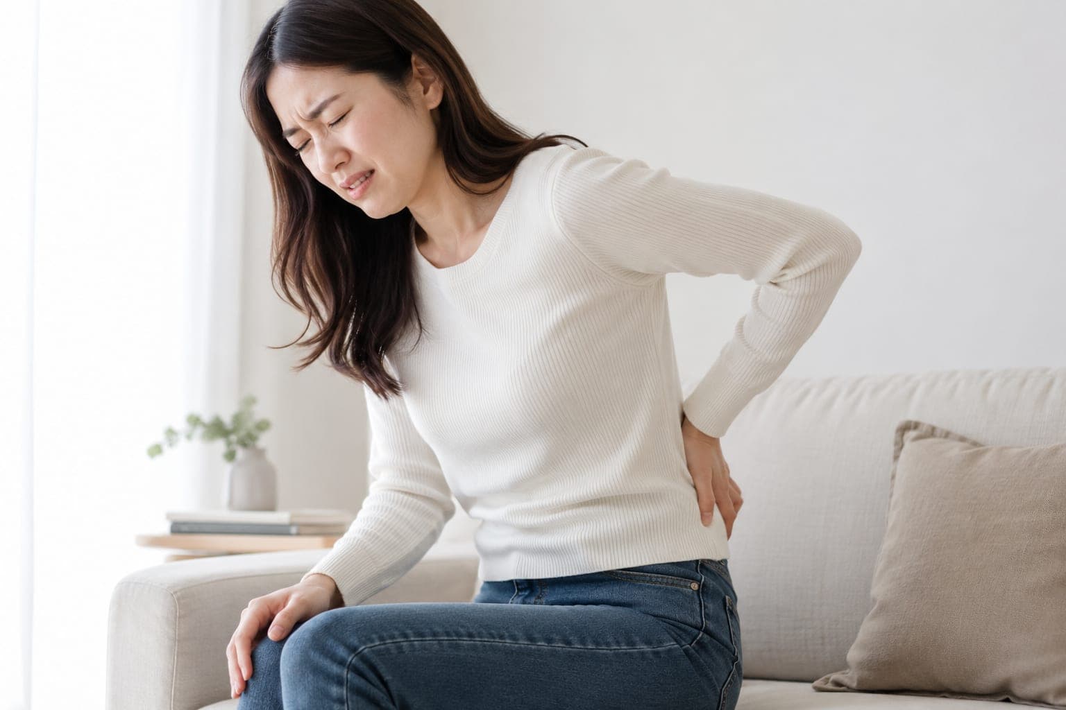 ソファに腰かけて腰を押さえる女性(イメージ)